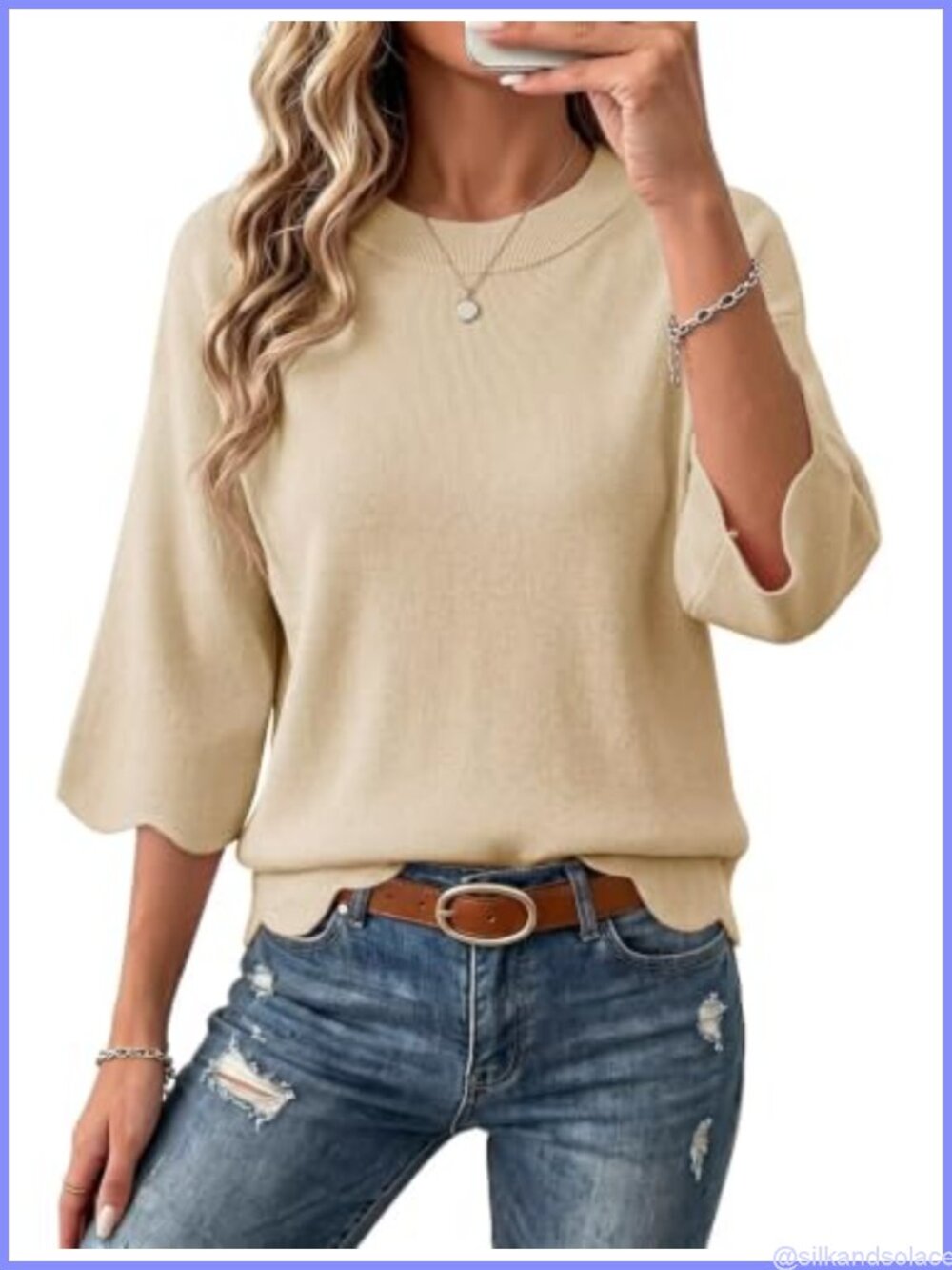 Oversized 3/4 Sleeve Crewneck Scalloped Hem Knit Sweater Top